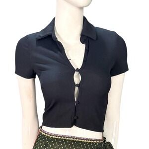 Abercrombie black ribbed button crop top preppy XS